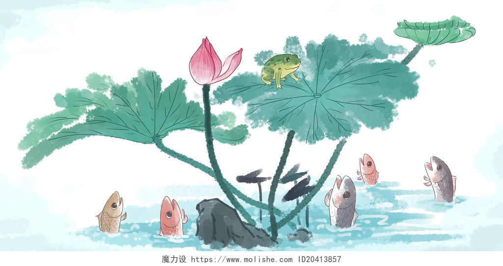 世界动物日水墨风中国画夏天荷花动物原创装饰画背景插画
